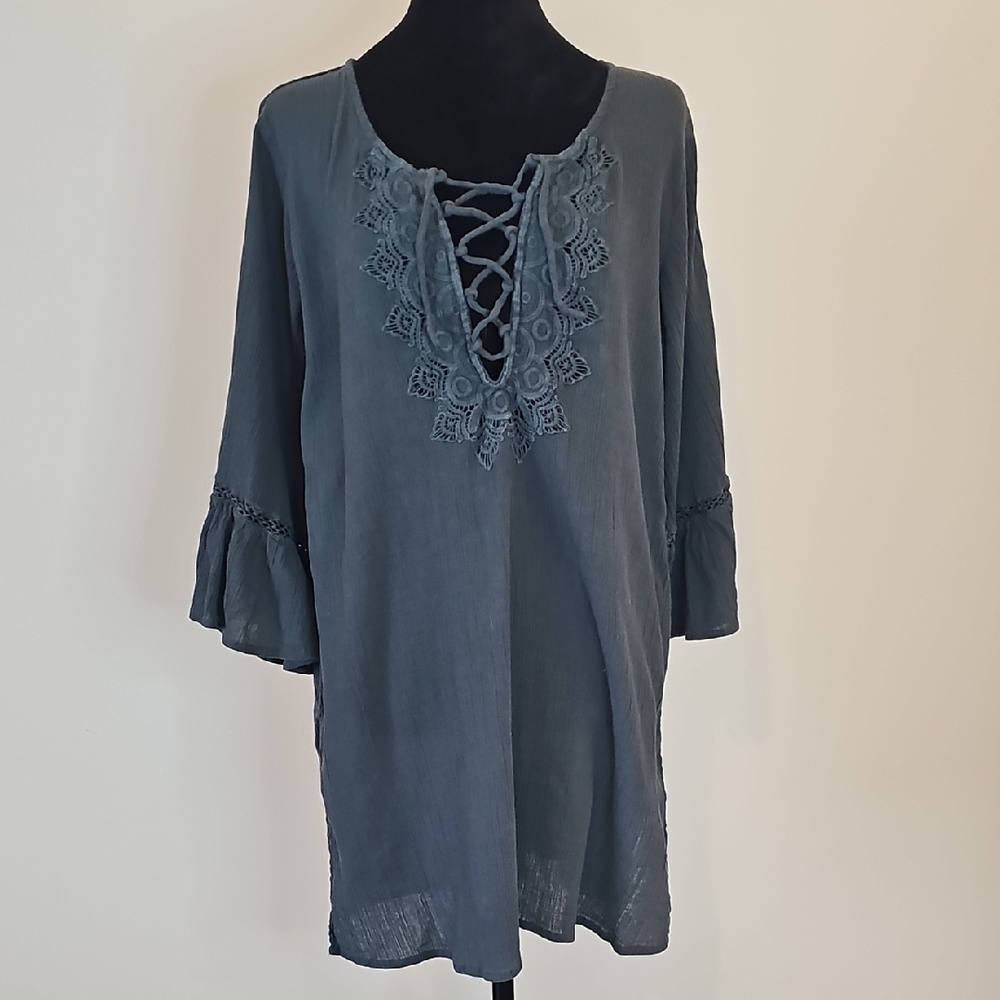 O'Neill Slate Blue Lace-Up Embroidered Tunic - Picture 2 of 9